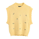 KPYTOMOA Women 2020 Sweet Fashion Floral Embroidery Knitted Vest Sweater Vintage High Neck Sleeveless Female Waistcoat Chic Tops